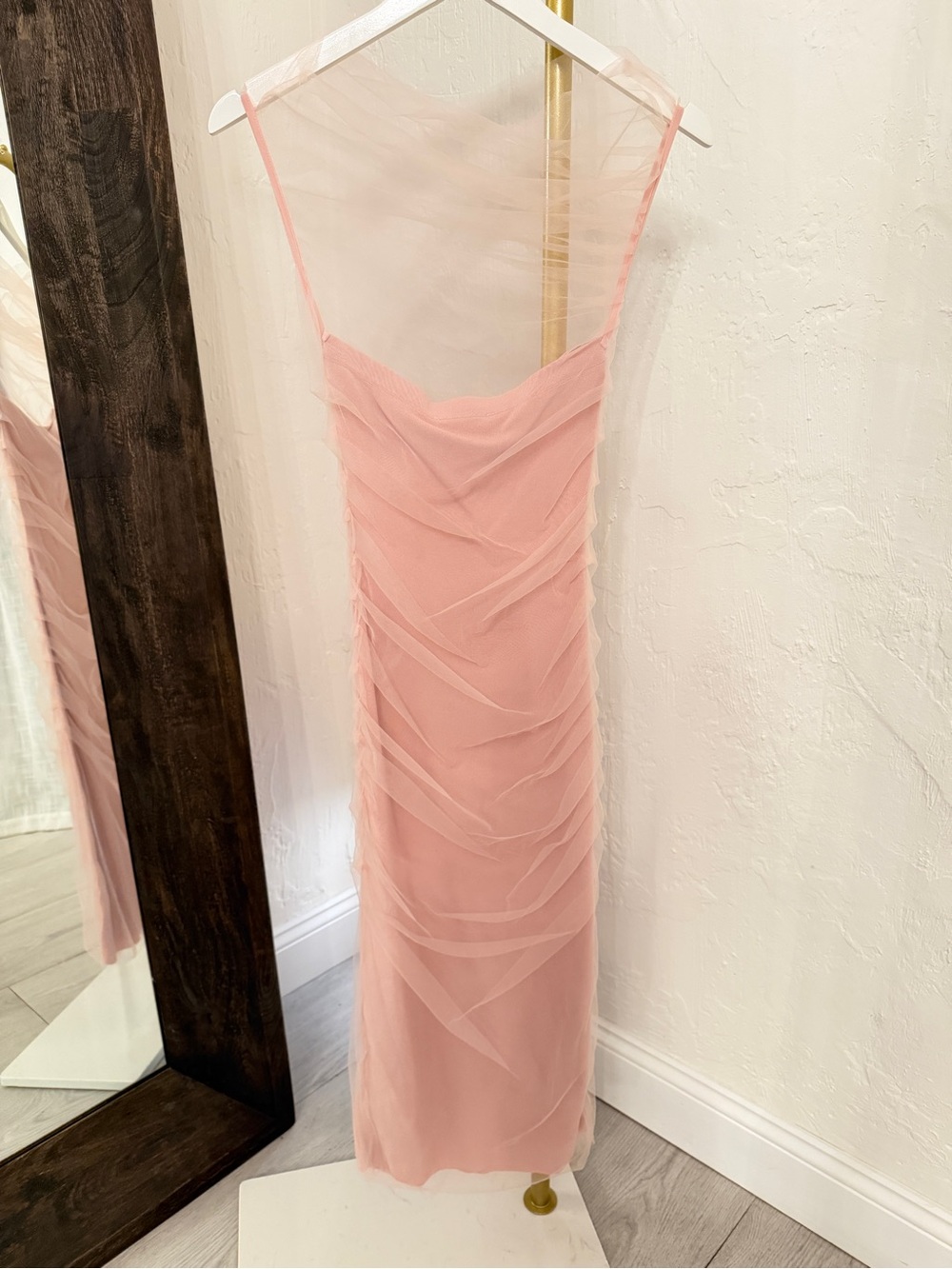 Zara Blush Pink Draped Mesh Maxi Dress Small NWT Cowl Neck - Picture 2 of 8